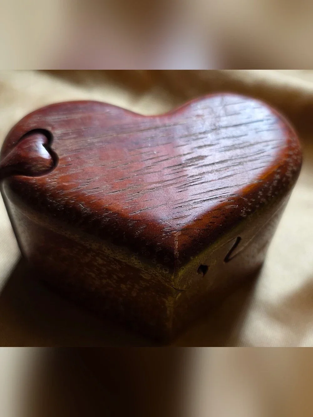 Unique Hand Carved Wooden Heart Puzzle Box - Deep Brown